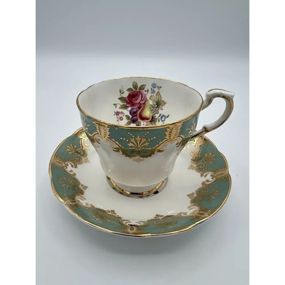 Vintage Paragon England‎ Floral Rose White Turquoise Tea Cup & Saucer Set